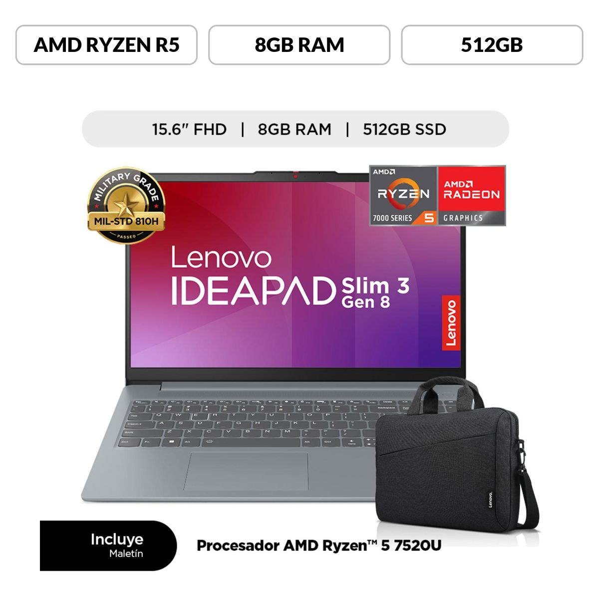 Laptop Lenovo AMD Ryzen 5 8gb 512gb Ssd Ideapad Slim 3 Serie 7000 15.6 + MALETIN