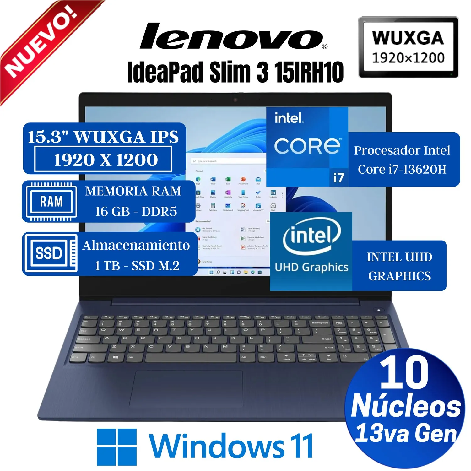 LAPTOP LENOVO IDEAPAD SLIM 3 15IRH10 I7-13620H 16GB DDR5 1TB SSD 15.3 WUXGA 