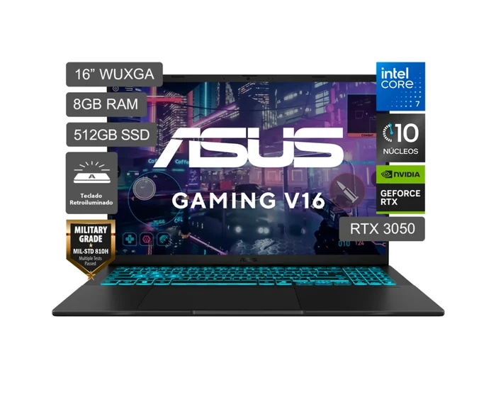 Laptop Gamer Asus V16 de 16, Intel Core 7 240H (Series 2), NVIDIA GeForce RTX 3050, 8GB RAM, disco sólido de 512GB