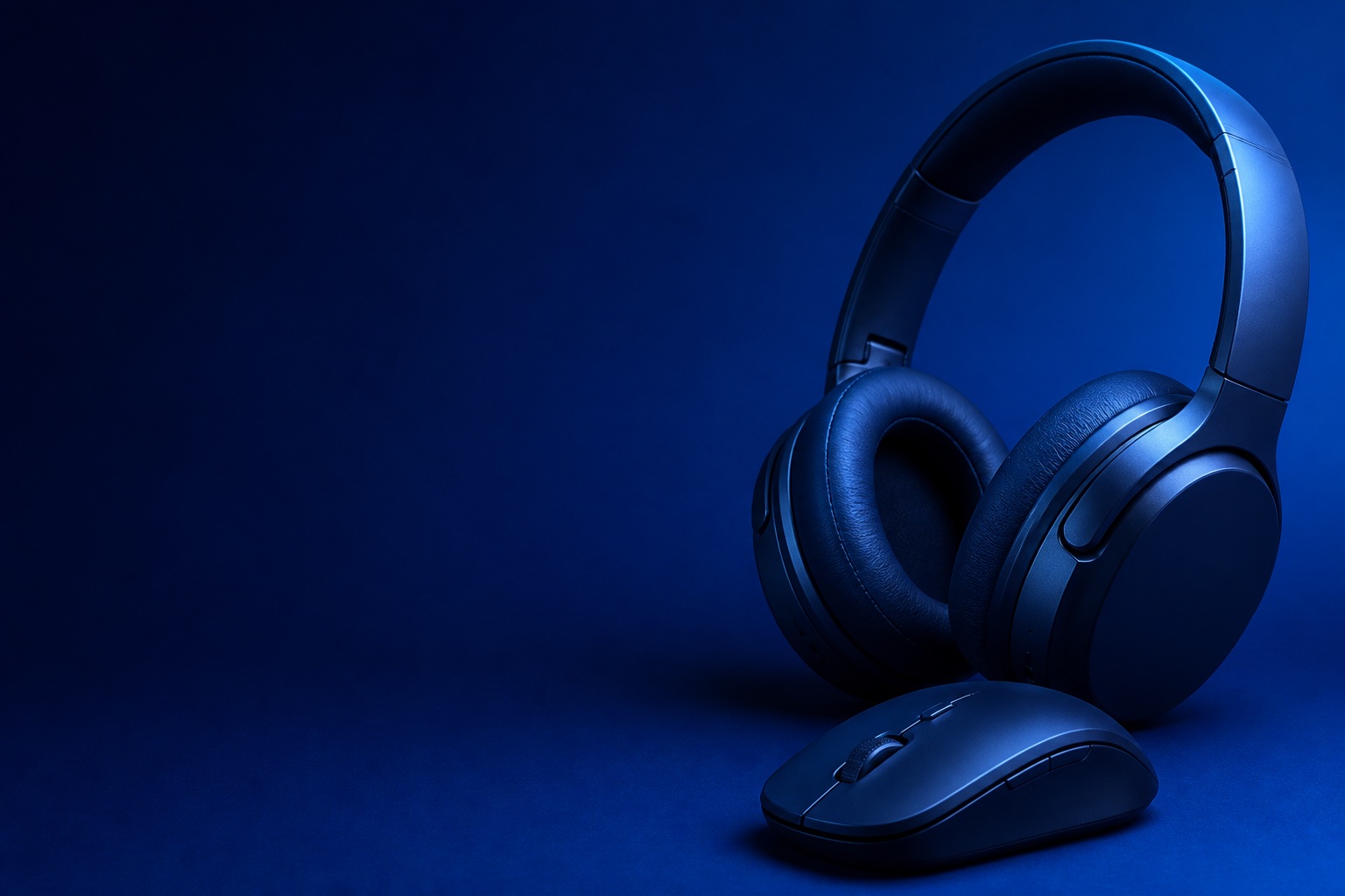 Audífonos y mouse en tonos azules