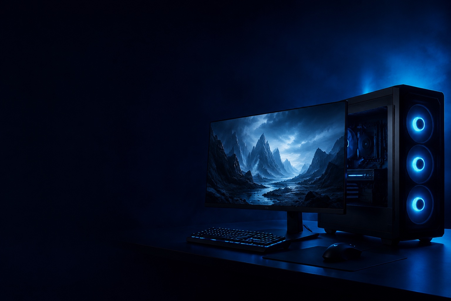 Computadora y monitor gaming con iluminación azul